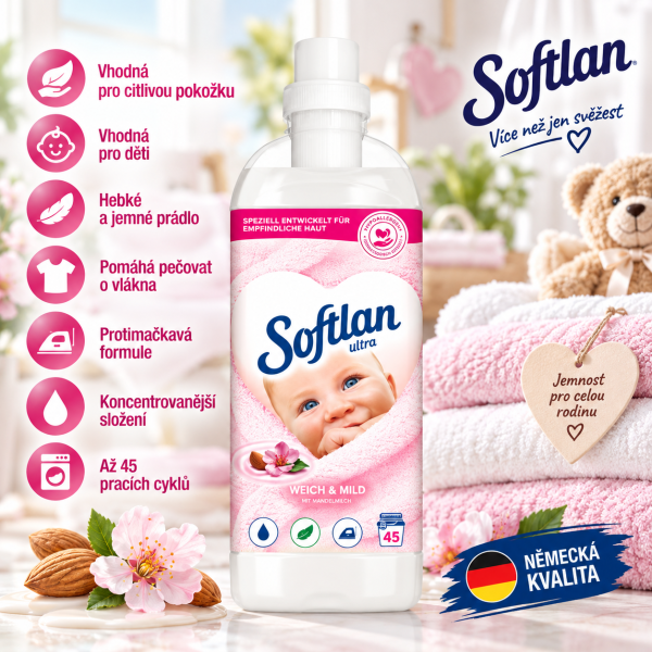 Softlan Ultra 3D Weich & Mild Sensitiv aviváž – 1 l, 45 pracích cyklů